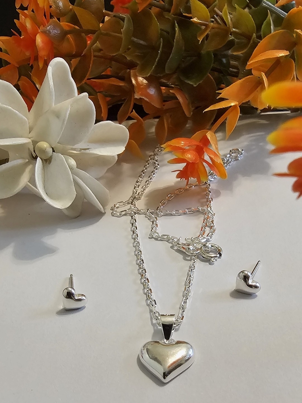 Heart Pendant Necklace and Stud Earrings Set - Silver 925